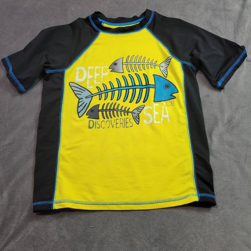 Ocean Pacific‎ Boys 8 Deep Sea Discoveries Rash Guard Yellow Black Short Sleeve